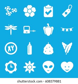 Green icons set. set of 16 green filled icons such as berry, spinach, dragonfly, laptop connection, baby bottle, alien head, flower, medical cross tag, pepper, heart face