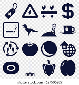Green icons set. set of 16 green filled icons such as harvest, peach, apple, smoking area, soap, rake, medical cross tag, pepper, global home, tea, voltage warning, dollar