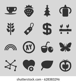 Green icons set. set of 16 green filled icons such as strawberry, butterfly, baby bottle, tea cup, medical cross tag, tomato, plant, connection, add favorite, christmas tree