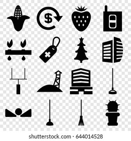Green icons set. set of 16 green filled icons such as corn, business center, rake, hoe, medical cross tag, cactus, christmas tree, arrow up, intercom, goal post, dollar