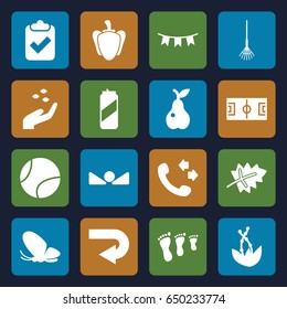 Green icons set. set of 16 green filled icons such as leaf, hand with seeds, butterfly, call, rake, pear, pepper, party flag, arrow up, tennis ball, beer can, plant