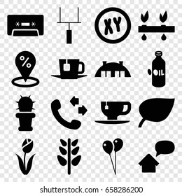 Green icons set. set of 16 green filled icons such as oil, balloon, call, tea cup, plant, cassette, cactus, barn, tea, home message, goal post, flower, xy, leaf