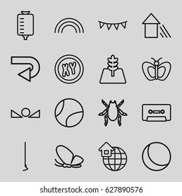 Green icons set. set of 16 green outline icons such as beetle, butterfly, hoe, drop counter, cassette, party flag, arrow up, tree, global home, rainbow, tennis ball