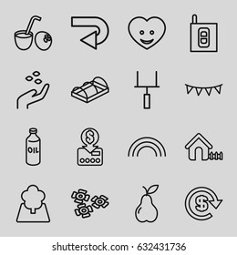 Green icons set. set of 16 green outline icons such as oil, hand with seeds, house, pear, greenohuse, heart face, party flag, tree, intercom, dollar, drink coconut, rainbow