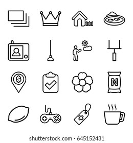 Green icons set. set of 16 green outline icons such as lemon, joystick, house, hoe, flower, pond, bag with ground, medical cross tag, man, burst, intercom, goal post, crown