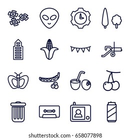 Green icons set. set of 16 green outline icons such as cherry, peas, corn, butterfly, building, cassette, party flag, tree, intercom, drink coconut, flower, beer can