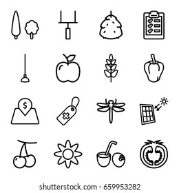 Green icons set. set of 16 green outline icons such as dragonfly, berry, cherry, pepper, hoe, medical cross tag, tomato, plant, lot price, tree, clipboard, apple, solar panel
