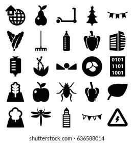 Green icons set. set of 25 green filled icons such as leaf, spinach, pepper, dragonfly, beetle, baby bottle, kick scooter, building, business center, rake, pear, drop counter