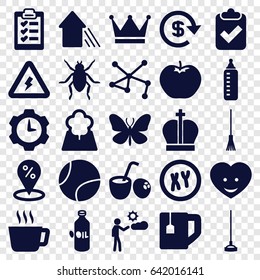 Green icons set. set of 25 green filled icons such as apple, oil, beetle, butterfly, baby bottle, tea cup, rake, hoe, connection, heart face, man, arrow up, tree, clipboard