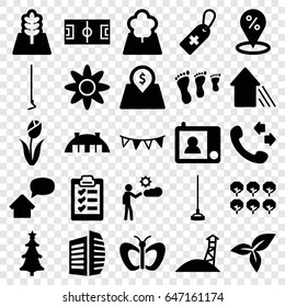 Green icons set. set of 25 green filled icons such as tree, butterfly, business center, call, hoe, medical cross tag, leaf, man, party flag, christmas tree, arrow up