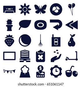 Green icons set. set of 25 green filled icons such as leaf, strawberry, hand with seeds, butterfly, kick scooter, soap, balloon, business center, rake, pear, cassette