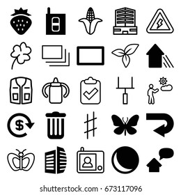 Green icons set. set of 25 green filled and outline icons such as strawberry, butterfly, business center, burst, arrow up, intercom, home message, dollar, trash bin, corn