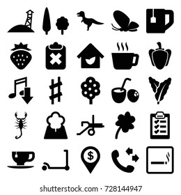 Green icons set. set of 25 green filled icons such as strawberry, spinach, tree, scorpion, butterfly, smoking area, kick scooter, clover, call, tea cup, pepper, musical sharp