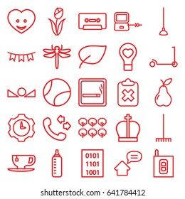 Green icons set. set of 25 green outline icons such as smoking area, laptop connection, dragonfly, tree, baby bottle, kick scooter, call, tea cup, rake, hoe, pear, heart face