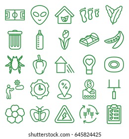 Green icons set. set of 25 green outline icons such as beetle, harvest, spinach, pepper, baby bottle, soap, butterfly, flower, greenohuse, peas, bulb heart, man, arrow up