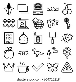 Green icons set. set of 25 green outline icons such as butterfly, berry, leaf, cherry, corn, tree, business center, man, party flag, burst, arrow up, global home, apple