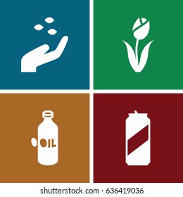 Green icons set. set of 4 green filled icons such as oil, hand with seeds, flower