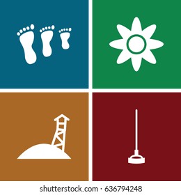 Green icons set. set of 4 green filled icons such as hoe, flower, observation military tower