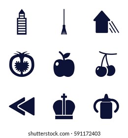 green icons set. Set of 9 green filled icons such as cherry, baby bottle, building, rake, tomato, play back, arrow up, apple