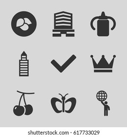 Green icons set. set of 9 green filled icons such as leaf, cherry, baby bottle, butterfly, building, business center, tick, man holding globe