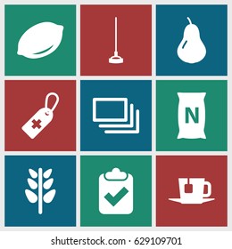 Green icons set. set of 9 green filled icons such as pear, lemon, hoe, bag with ground, medical cross tag, plant, burst, tea