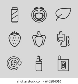 Green icons set. set of 9 green outline icons such as drop counter, pepper, tomato, intercom, dollar, strawberry, beer can, leaf