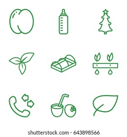 Green icons set. set of 9 green outline icons such as peach, baby bottle, call, greenohuse, leaf, christmas tree, drink coconut