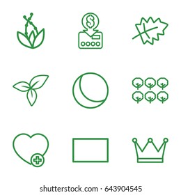 Green icons set. set of 9 green outline icons such as leaf, tree, add favorite, burst, put money on card, sphere, crown