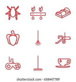 Green icons set. set of 9 green outline icons such as beetle, joystick, tea cup, rake, greenohuse, pepper, cannon