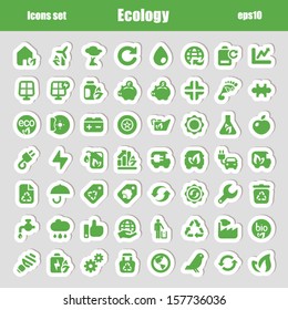 Green icons set for ecology on stickers isolated