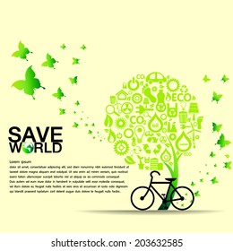 Green icons set and save world background,vector illustration