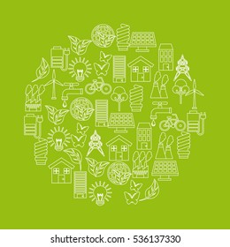 green idea and ecology icons on circle shape over green background. colorful design. vector illustration