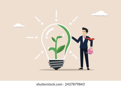 Green idea or protection against world climate change, environmental care concept, smart businessman watering seedling sprout growing inside green lightbulb idea.