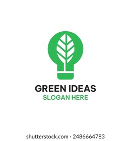 Green ideas logo template in simple flat style. Leaf and lightbulb vector illustration