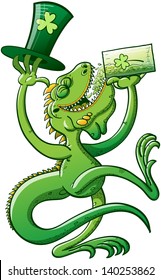 Green iguana having fun while drinking beer and holding a big hat on St Paddy's Day celebration