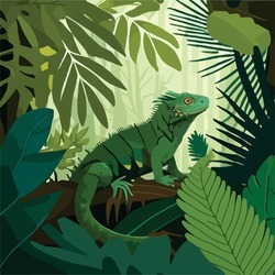 Green Iguana In The Lush Undergrowth Of The Rainforest. Tropical Rainforest Reptiles Animals. Flat Vector Illustration Concept