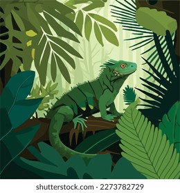 Green iguana in the lush undergrowth of the rainforest. Tropical rainforest reptiles animals. Flat vector illustration concept