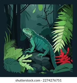 Green iguana in the lush undergrowth of the rainforest. Tropical rainforest reptiles animals. Flat vector illustration concept