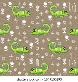 green iguana Seamless pattern with cute animal.