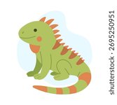 green iguana sitting with spiky back, cheerful cartoongreen iguana on soft blue backdrop, tropical foliage hints,, playful expression ideal for nursery and sticker designs