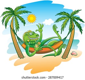 Green iguana smiling, waving, sunbathing, drinking a cocktail and resting under the palms in a hammock, in a sunny day on the sandy beach, with a blue sea and a limpid sky enjoying beautiful holidays