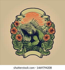 green iguana with tropical flower