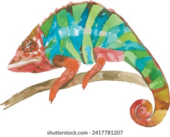 Green Iguana watercolor painting vector illustration,  "Grand Cayman Blue Iguana", lizard on the branch. Sleeping dragon big reptilia wild animal.