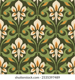Grüne Ikat florale Damast Muster. Vektor zeitgenössisches ikat abstrakte florale Form nahtloses Muster. Aquarell Kat Blumendamast Muster Verwendung für Stoff, Textilien, Dekoration Elemente, Polsterung.