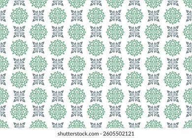 
Green Ikat pattern, decorated with leaves, geometric circles, ethnic