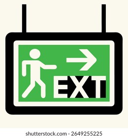 A green illuminated exit sign with a white running man pictogram and the text EXT in white against a black background.