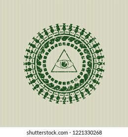 Green illuminati pyramid icon inside rubber grunge seal