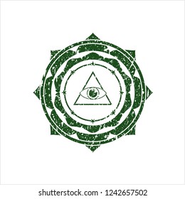Green illuminati pyramid icon inside distressed with rubber seal texture