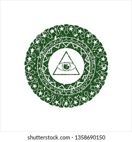 Green illuminati pyramid icon inside rubber grunge stamp