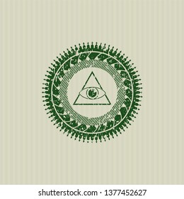 Green illuminati pyramid icon inside distressed grunge style stamp